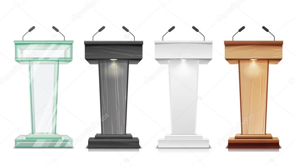 Tribune Set Vector. Podium Rostrum Stand With Microphones. Business Presentation Or Conference, Debate Speech Isolated Illustration
