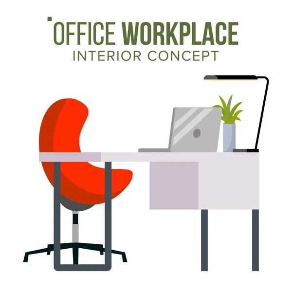 Office Workplace Concept Vector. Furniture Workplace For Boss. Developer Creative Studio Interior. Laptop Computer. Office Desk Illustration. — Stock Vector