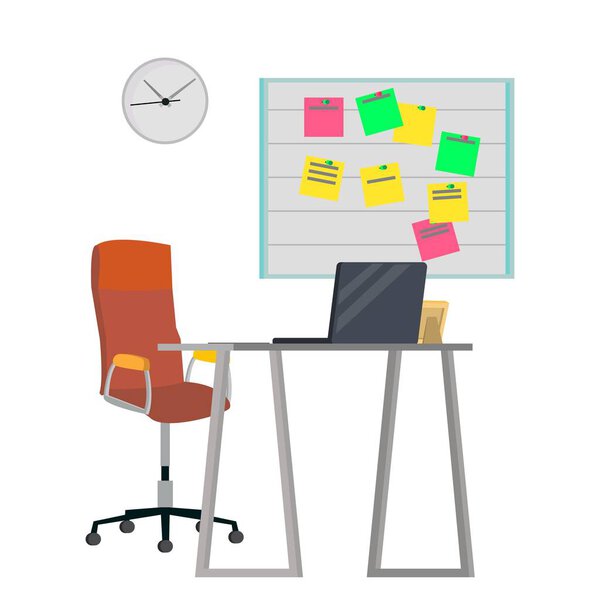 Office Workplace Concept Vector. Furniture Workplace For Programmer, Designer, Salesman. Developer Studio Interior. Laptop. Elegant Office Desk Illustration.