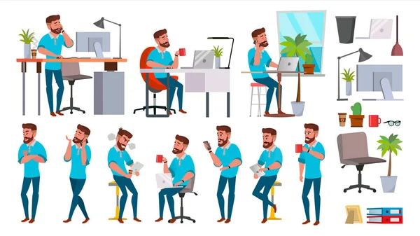Business Man Character Vector. Working People Set. Office, Creative Studio. Bearded. Full Length. Programmer, Designer, Manager. Different Poses, Face Emotions. Cartoon Business Character Illustration — Stock Vector