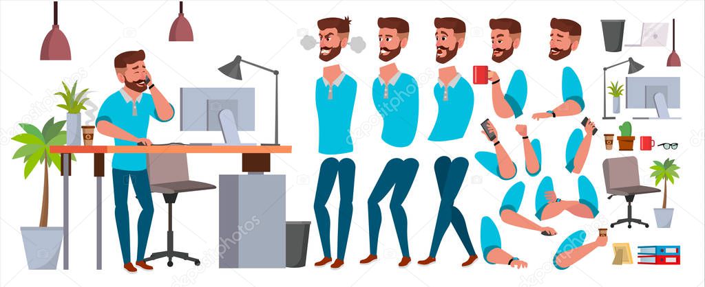 Business Man Character Vector. Working Male. Casual Clothes. Start Up, Office, Creative Studio. Animation Set. Bearded Salesman, Designer. Face Emotions, Expressions. Isolated Cartoon Illustration