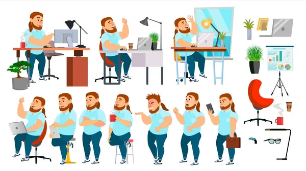 Business Man Character Vector. Working People Set. Office, Creative Studio. Fat, Bearded. Business Situation. Programmer, Designer, Manager. Different Poses, Emotions. Cartoon Character Illustration — Stock Vector