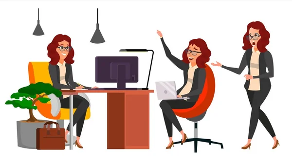 Business Woman Character Vector. Working Female, Girl. Team Room. Desk. Brainstorming. Businesswoman Working. Environment Process. Start Up Office. Effective Programmer Designer. Lifestyle Situations — Stock Vector