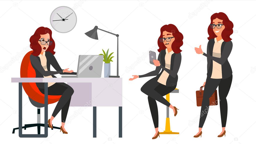 Business Woman Character Vector. Working Girl. Environment Process Creative Studio. Work Situations In Action. Girl Boss. Programming, Planning. Designer, Manager. Poses. Business Illustration
