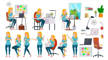 İş kadın kadını karakter vektör. Eylem çalışma kadın. Bu başlangıç iş şirket. Etkili satış temsilcisi. Resepsiyon. Tam uzunlukta. Kız programcı. İfadeler. İş karakter çizimi