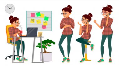 İş kadın kadını karakter vektör. Çalışan kadın. Bu başlangıç iş şirket. Çevre süreci. Resepsiyon. Tam uzunlukta. Kız programcı Yöneticisi. İfadeler. Çizgi film iş karakter çizimi