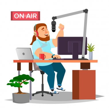 Radyo Dj vektör. Modern radyo istasyonu. Stüdyo. Canlı yayında. Yayın. Düz çizgi film illüstrasyon izole