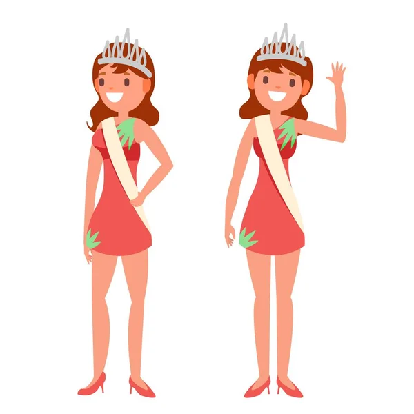 Vetor do concurso de beleza. "Woman On Beauty Pageant". Miss Universo. Ilustração plana isolada dos desenhos animados —  Vetores de Stock