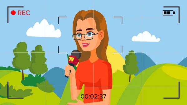 Special Correspondent Performing News Report. Vector Concept. Video Camera Viewfinder. Female Recording TV News. Production Video. Woman Reporter. Outside Broadcasting Cartoon Character Illustration — Stock Vector