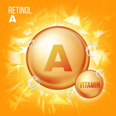 A vitamini Retinol vektör. Vitamini altın petrol hap simgesi. Organik Vitamin altın hap simgesi. Kapsül. Güzellik, kozmetik, Heath Promo reklam tasarım için. 3D vitamin kompleksi ile kimyasal formülü. İllüstrasyon