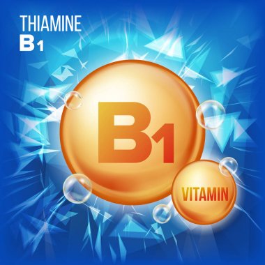 B1 vitamini tiamin vektör. Vitamini altın petrol hap simgesi. Organik Vitamin altın hap simgesi. Güzellik, kozmetik, Heath Promo reklam tasarım için. 3D vitamin kompleksi ile kimyasal formülü. İllüstrasyon