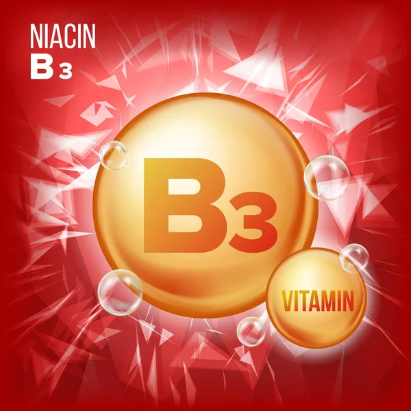 ビタミン B3 ナイアシン ベクトル。ビタミン金油の丸薬アイコン。有機性ビタミンの金ピルスタイル アイコン。薬のカプセル、黄金の物質。美容、化粧品、ヒース プロモーション広告デザイン。3 d のビタミン複合体。図 — ストックベクタ