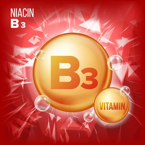 Vitamin B3 Niacin vektor. Vitamin guld olja piller ikonen. Ekologiska Vitamin guld piller ikonen. Medicin kapsel, gyllene ämne. För skönhet, kosmetika, Heath Promo annonser Design. 3D vitamin-komplex. Illustration — Stock vektor