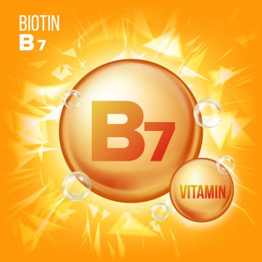 Vitamin B7 Biotin vektör. Vitamini altın petrol hap simgesi. Organik Vitamin altın hap simgesi. İlaç kapsül, altın madde. Promo reklamlar için tasarım. 3D vitamin kompleksi ile kimyasal formülü. İllüstrasyon
