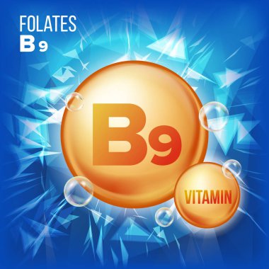 Vitamin B9 Folates vektör. Vitamini altın petrol hap simgesi. İlaç kapsül, altın madde. Güzellik, kozmetik, Heath Promo reklam tasarım için. 3D vitamin kompleksi ile kimyasal formülü. İllüstrasyon
