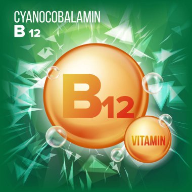 B12 vitamini Cyanocobalamin vektör. Vitamini altın petrol hap simgesi. Organik Vitamin altın hap simgesi. Güzellik, kozmetik, Heath Promo reklam tasarım için. 3D vitamin kompleksi ile kimyasal formülü. İllüstrasyon