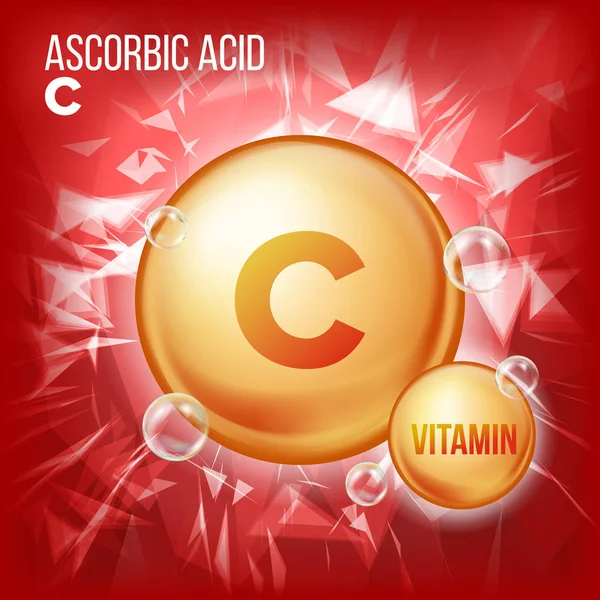 Vector de ácido ascórbico de vitamina C. Icono de la píldora de oro de vitamina orgánica. Cápsula de Medicina, Sustancia Dorada. Para el diseño de anuncios promocionales de belleza, cosméticos y salud. Complejo vitamínico con fórmula química. Ilustración — Archivo Imágenes Vectoriales