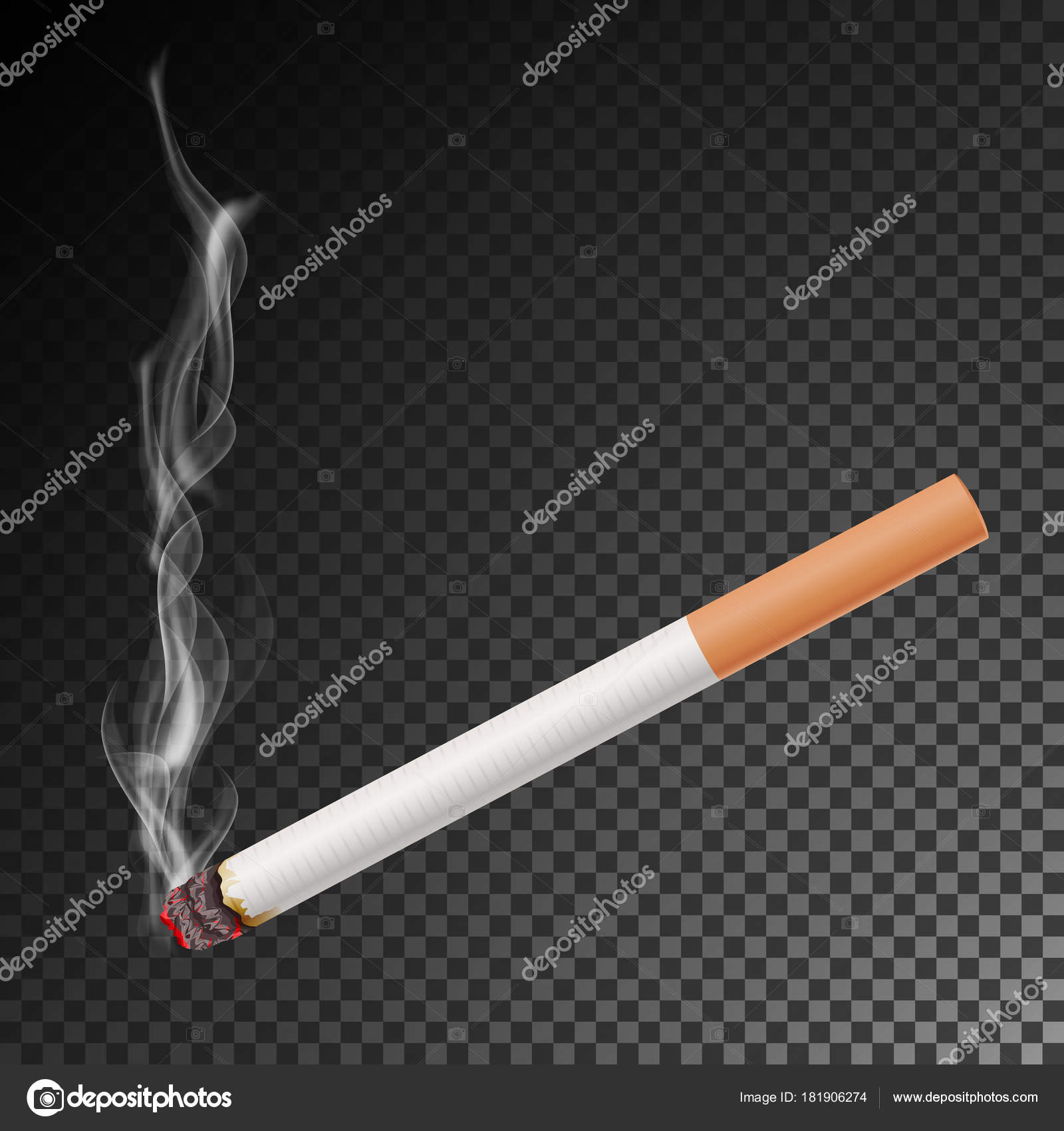Realistisk sigarett med røykvektor. Isolert illustrasjon. Brennende  klassisk røykesigarett på gjennomsiktig bakgrunn . stockvektor ©  pikepicture #181906274, image size:1600x1700