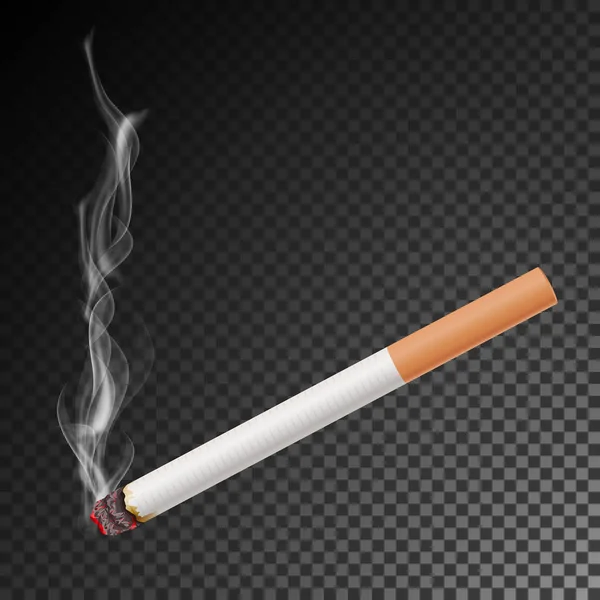 Realistic Cigarette With Smoke Vector. Isolated Illustration. Burning Classic Smoking Cigarette On Transparent Background. — Stock Vector