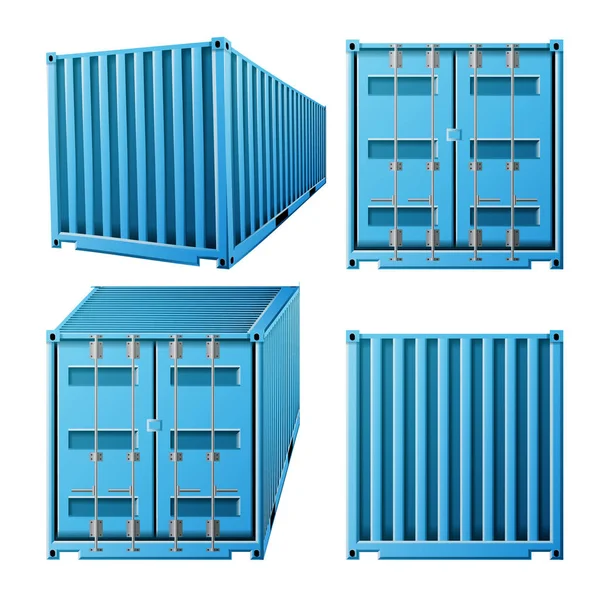 蓝色货物容器载体。逼真的3d 金属经典货物集装箱。运费的概念。运输模拟。在白色插图上隔离 — 图库矢量图片