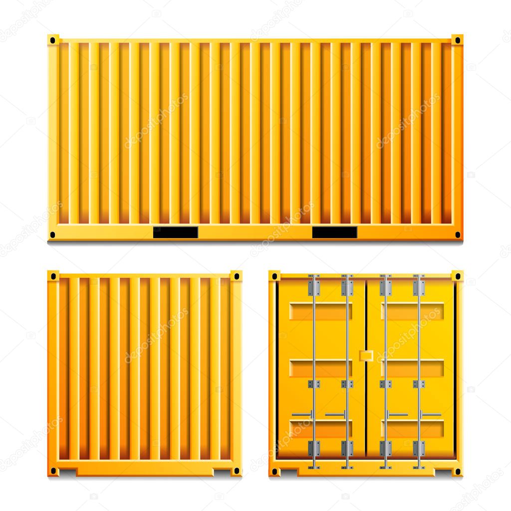 Yellow Cargo Container Vector. Realistic Metal Classic Cargo Container. Freight Shipping Concept. Logistics, Transportation Mock Up. Two Sides. Isolated On White Background Illustration
