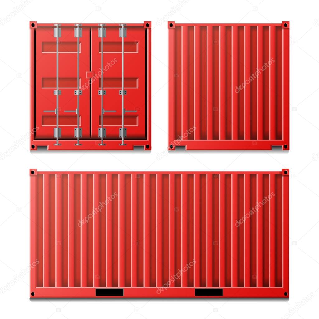 Red Cargo Container Vector. Classic Cargo Container. Freight Shipping Concept. Logistics, Transportation Mock Up. Front And Back Sides. Isolated On White Background Illustration