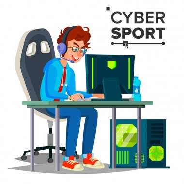 Cyber spor oyuncu vektör. Katılımcı Cyber spor turnuvası. Olay. ESport olay Poster kavramı. Düz çizgi film karakteri illüstrasyon izole