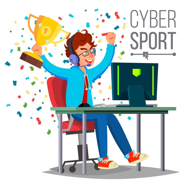 Cyber-Sport Spieler Vektor. Computerspiel. Profispieler. Veranstaltung. Wettbewerb. Spielstratege. isoliert auf weißer Zeichentrickfigur Illustration — Stockvektor