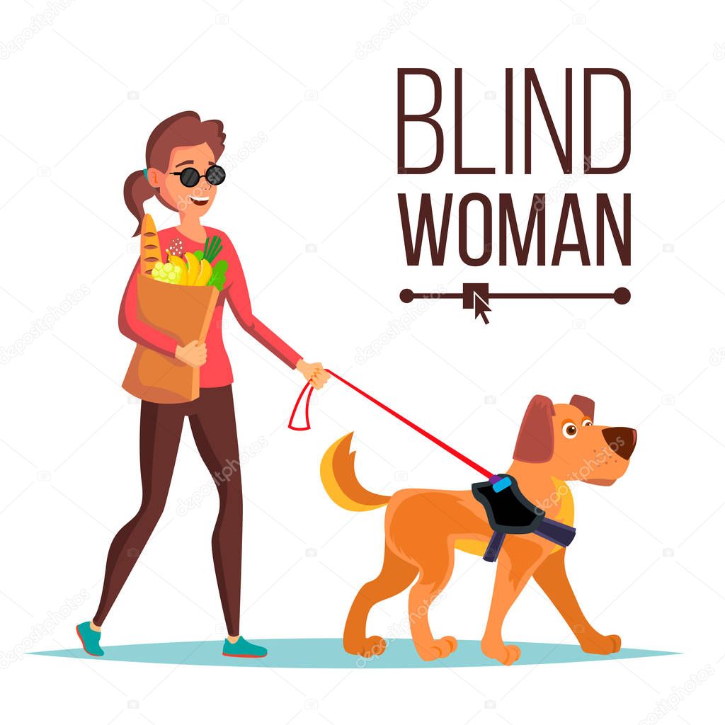 Blind Woman Vector. Person With Pet Dog Companion. Blind Female In Dark Glasses And Guide Dog Walking. Isolated Cartoon Character Illustration