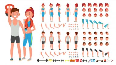 Fitness kız, adam vektör. Animasyonlu spor erkek, kadın karakter kümesi oluşturma. Tam uzunluk, ön, yan, arkadan görünüm, aksesuarlar, pozlar, yüz duygular, jestler. Düz çizgi film illüstrasyon izole