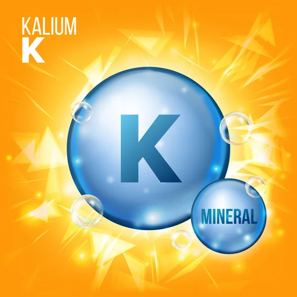 K Kalium 벡터입니다. 미네랄 파란 알 약 아이콘입니다. 비타민 캡슐 알 약 아이콘입니다. 미용, 화장품, 히스 프로 모션 광고 디자인에 대 한 물질이. 화학 공식으로 3d 미네랄 복잡입니다. 일러스트 레이 션 — 스톡 벡터