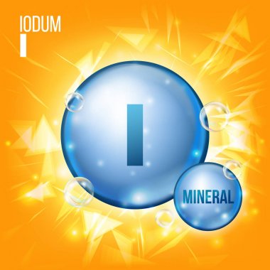 Ben Iodum vektör. Mineral mavi hap simgesi. Vitamini kapsül Pill simgesi. Madde için güzellik, kozmetik, Heath Promo reklam tasarım. Kimyasal formülü ile 3D mineral kompleksi. İllüstrasyon