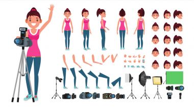 Fotoğrafçı kadın vektör. Animasyonlu kadın oluşturma küme. Tam uzunluk, ön, yan, arkadan görünüm. Düz çizgi film illüstrasyon izole
