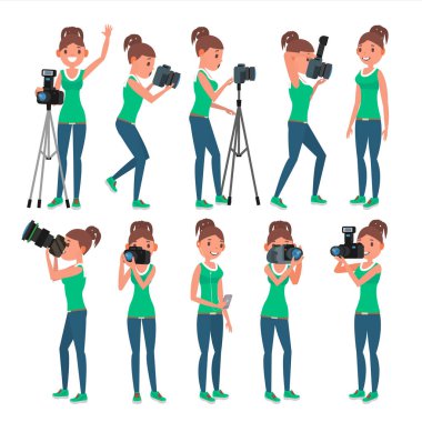 Fotoğrafçı kadın vektör. hotographer fotoğraf yapma. Dijital kamera ve profesyonel fotoğraf ekipmanları. Resimleri alarak kız. Beyaz çizgi film karakteri illüstrasyon izole