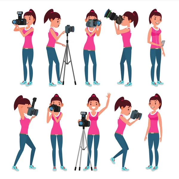 Photographe Female Vector. Caméra moderne. Poser. Fille pleine longueur prenant des photos. Photojournaliste, Design touristique. Illustration de dessin animé plat — Image vectorielle