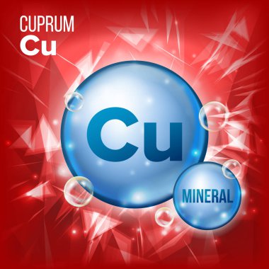Cu Cuprum vektör. Mineral mavi hap simgesi. Vitamini kapsül Pill simgesi. Madde için güzellik, kozmetik, Heath Promo reklam tasarım. Kimyasal formülü ile 3D mineral kompleksi. İllüstrasyon