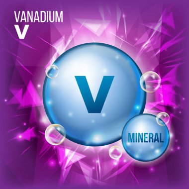 V Vanadyum vektör. Mineral mavi hap simgesi. Vitamini kapsül Pill simgesi. Madde için güzellik, kozmetik, Heath Promo reklam tasarım. Kimyasal formülü ile 3D mineral kompleksi. İllüstrasyon