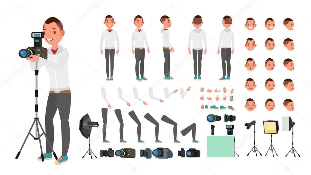 Photographer Male Vector. Animated Man Creation Set. Full Length, Front, Side, Back View. Isolated Flat Cartoon Illustration