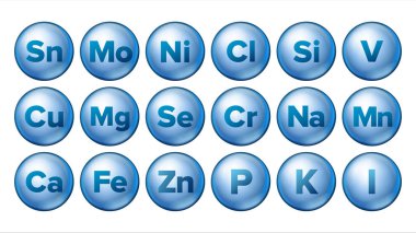 Mineral Icons Set Vector. Mineral Blue Pill Icon. Medicine Capsule. Substance. 3D Vitamin Complex With Chemical Formula. Isolated Illustration clipart