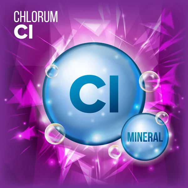 Cl Chlorum ベクトル。鉱物の青い錠剤のアイコン。ビタミン カプセル錠剤アイコン。美容、化粧品、ヒース プロモーション広告デザインの物質。化学式と 3 d のミネラル複合体。図 — ストックベクタ