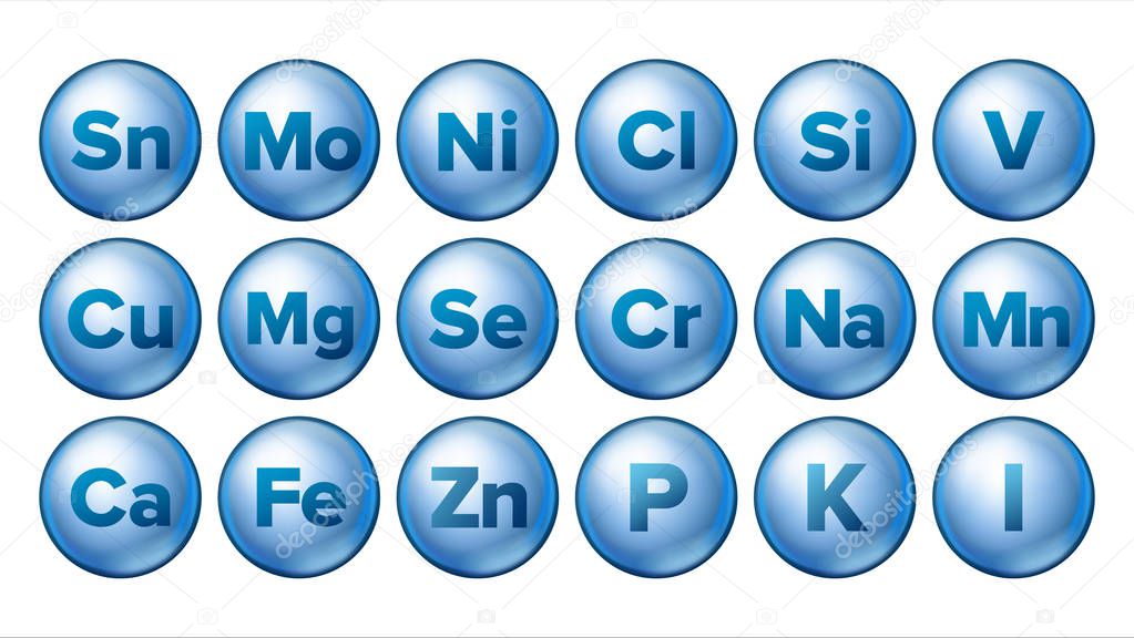 Mineral Icons Set Vector. Mineral Blue Pill Icon. Medicine Capsule. Substance. 3D Vitamin Complex With Chemical Formula. Isolated Illustration