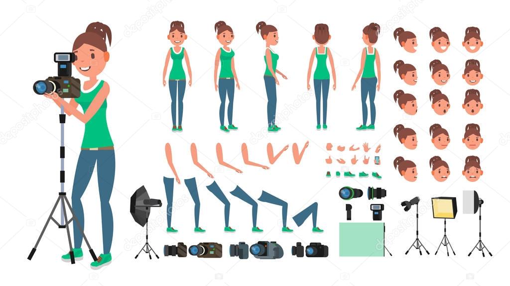 Photographer Woman Vector. Taking Pictures. Animated Female Character Set. Full Length. Accessories, Poses, Face Emotions, Gestures. Isolated Flat Cartoon Illustration