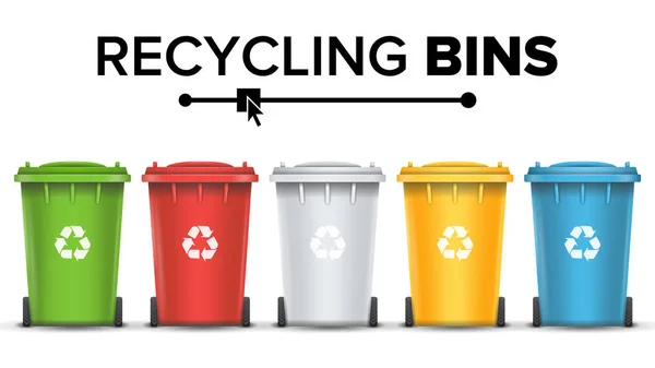 Recycling bakken geïsoleerde Vector. Set van rood, groen, blauw, geel, wit emmers. Voor papier, glas, metaal, Plastic Recycling afval sorteren. Geïsoleerd — Stockvector