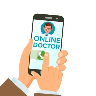 Online doktor App vektör. Smartphone Holding eller. Online Konsültasyon. Adam üstünde perde. Sağlık mobil servis. Düz illüstrasyon izole