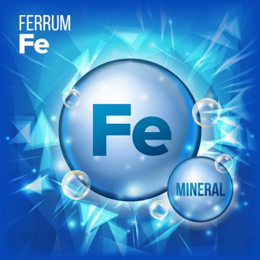 Fe Ferrum vektör. Mineral mavi hap simgesi. Vitamini kapsül Pill simgesi. Madde için güzellik, kozmetik, Heath Promo reklam tasarım. Kimyasal formülü ile 3D mineral kompleksi. İllüstrasyon