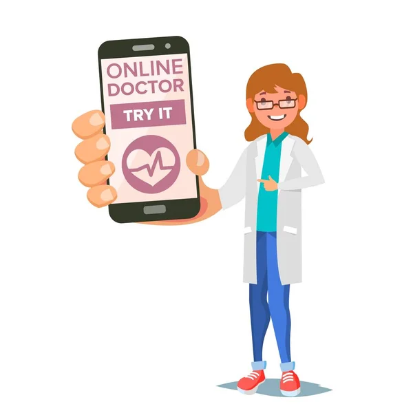 Wektor usługi online Mobile lekarz. Kobieta trzyma Smartphone z konsultacji Online na ekranie. Wsparcie medycyny. Opieki zdrowotnej App. izolowane płaskie ilustracja — Wektor stockowy