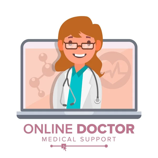 Online arts vrouw Vector. Medische raadpleging conceptontwerp. Vrouwelijke blik uit de Laptop. Online geneeskunde ondersteuning. Geïsoleerde vlakke afbeelding — Stockvector