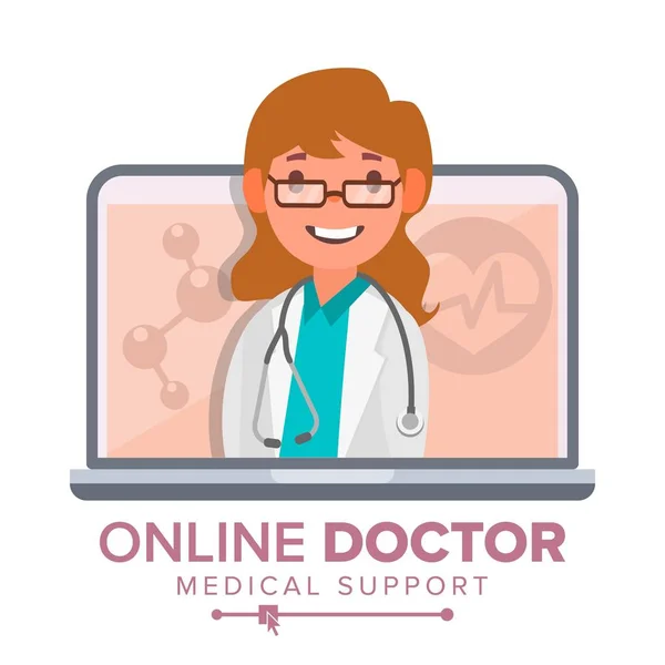 Dottoressa Vector online. Consulenza medica Concept Design. Femmina Guarda fuori Laptop. Supporto medico online. Illustrazione piatta isolata — Vettoriale Stock