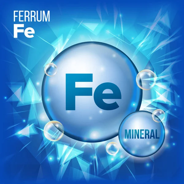 Fe Ferrum Vector. Icono de la píldora azul mineral. Icono de la píldora de la cápsula de vitamina. Sustancia para la belleza, cosmética, Salud Anuncios de promoción de diseño. Complejo mineral 3D con fórmula química. Ilustración — Archivo Imágenes Vectoriales