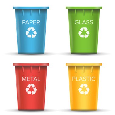 Çok renkli geri dönüşüm kutuları vektör. 3D gerçekçi. Set kırmızı, yeşil, mavi, sarı kovalar. Kağıt, cam, Metal, plastik sıralama. Beyaz izole
